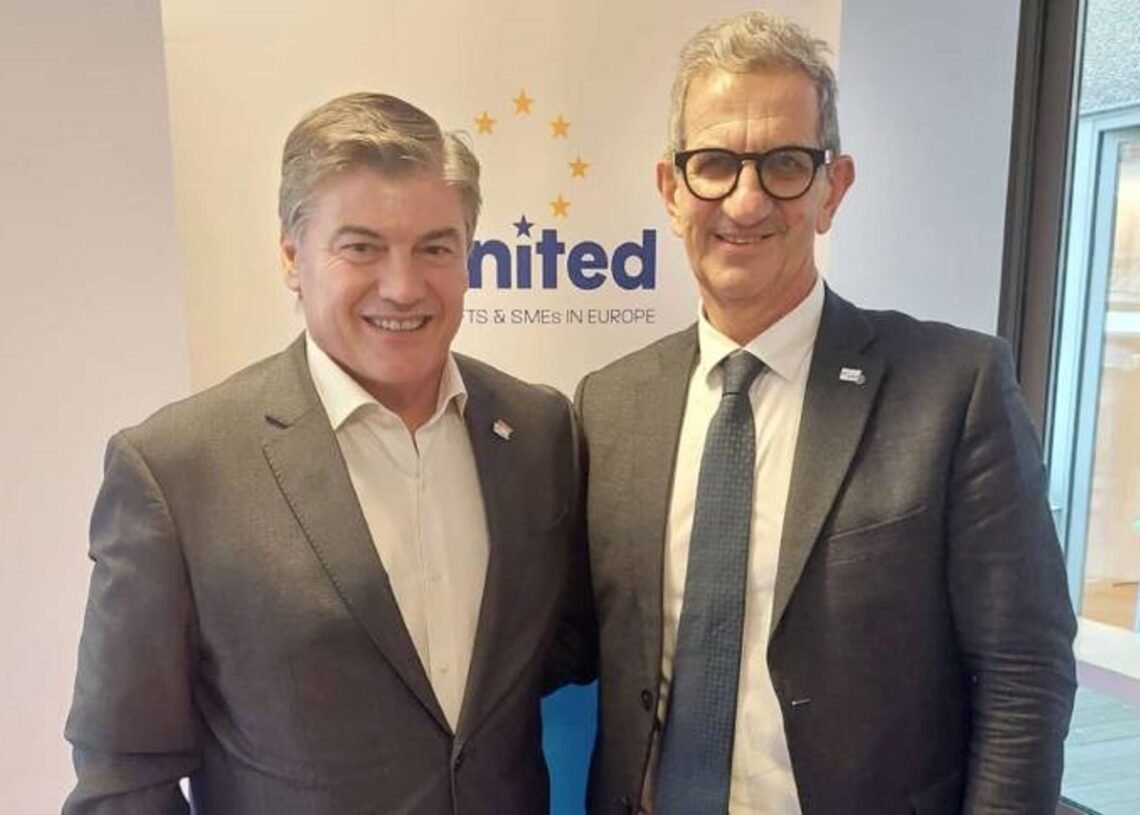 El presidente de Pimec, Antoni Cañete, reelegido vicepresidente de la patronal europea de pymes SME United, junto a su nuevo presidente, Davide GalliPIMEC