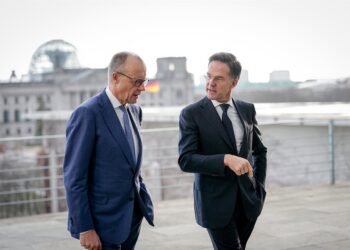 El secretario general de la OTAN, Mark Rutte, en su visita a Berlín para reunirse con el canciller alemán, Friedrich Merz.Kay Nietfeld/dpa