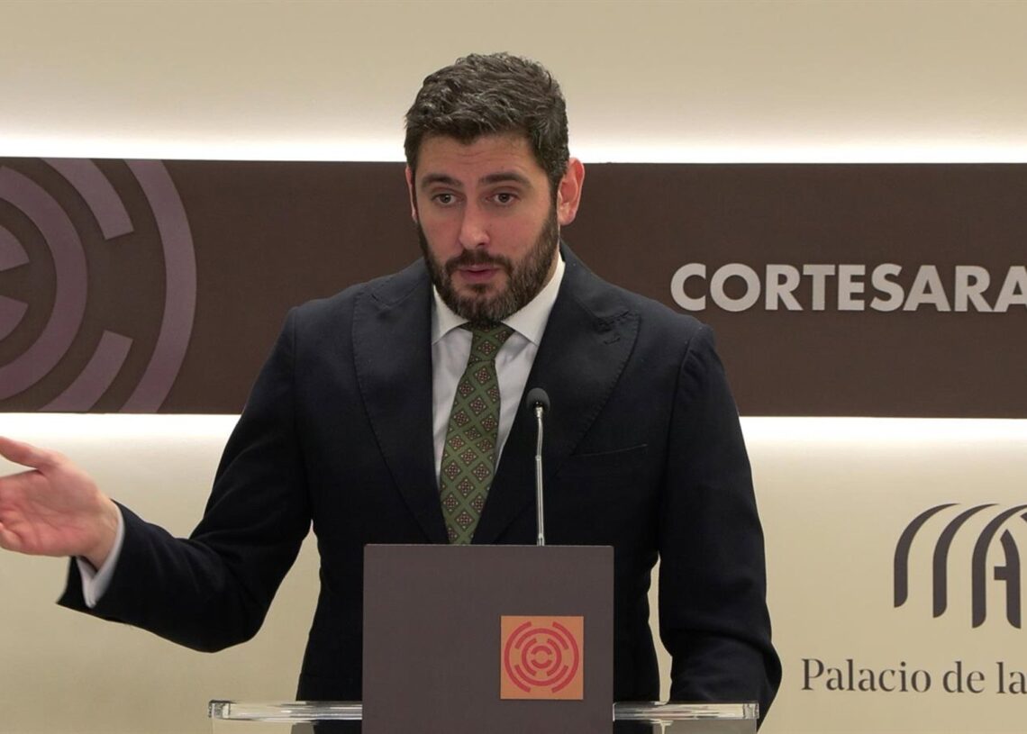 El portavoz de Vox en las Cortes, Alejandro Nolasco, en la sala de prensa este jueves.EUROPA PRESS