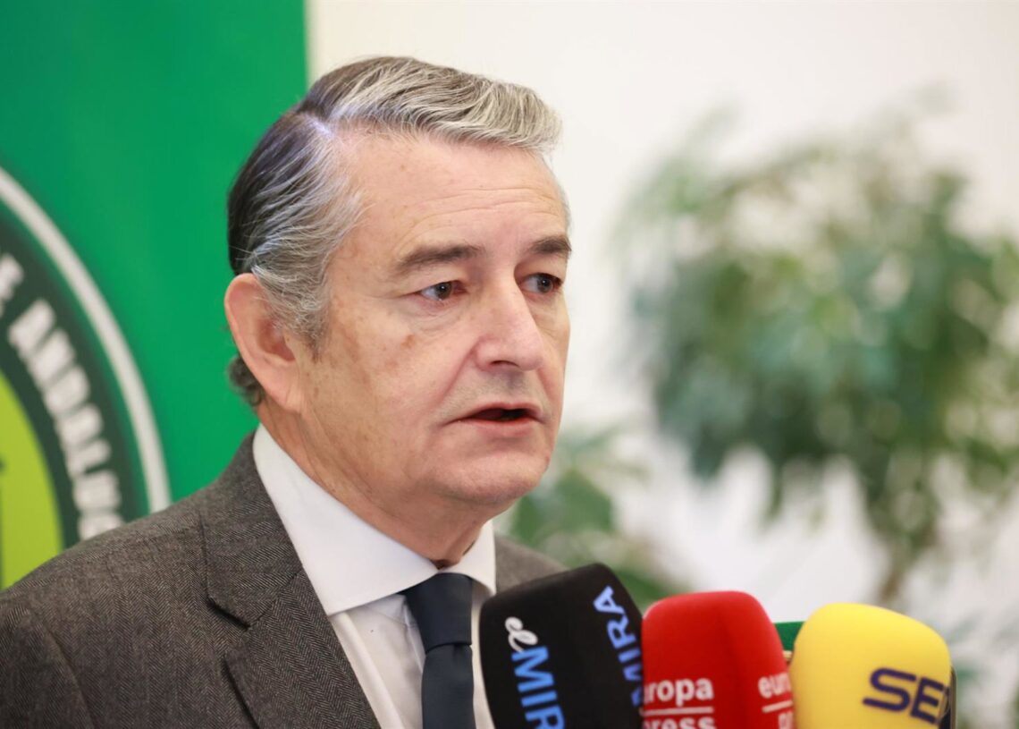 El consejero de Sanidad, Presidencia y Emergencias, Antonio Sanz, atiende a los medios antes de presidir la reunión del Consejo Rector de la Agencia de Emergencias de Andalucía (EMA). A 12 de diciembre de 2025 en Sevilla (Andalucía, España). El consejero Rocío Ruz - Europa Press