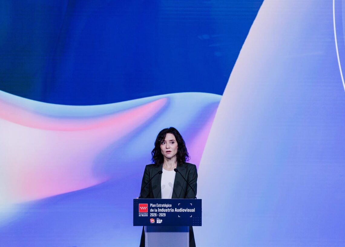La presidenta de la Comunidad de Madrid, Isabel Díaz Ayuso, presenta el Plan Audiovisual del Gobierno regional, en Madrid Content City, a 12 de diciembre de 2025, en Tres Cantos, Madrid (España). Carlos Luján - Europa Press